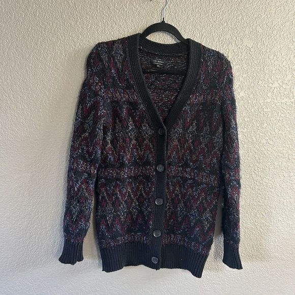 Lucky Brand  Cardigan Black Red Shine Fair Isle Button Up Grandpa chunky boho XS - Picture 4 of 14